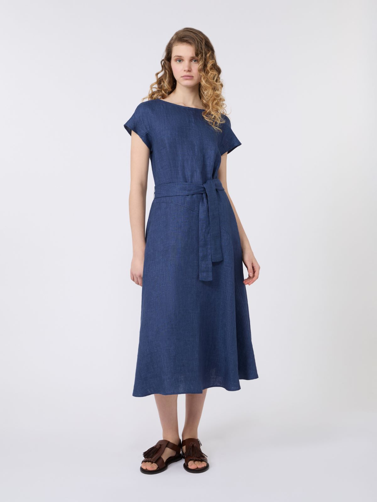 Robe midi en toile de lin - BLEU - 2