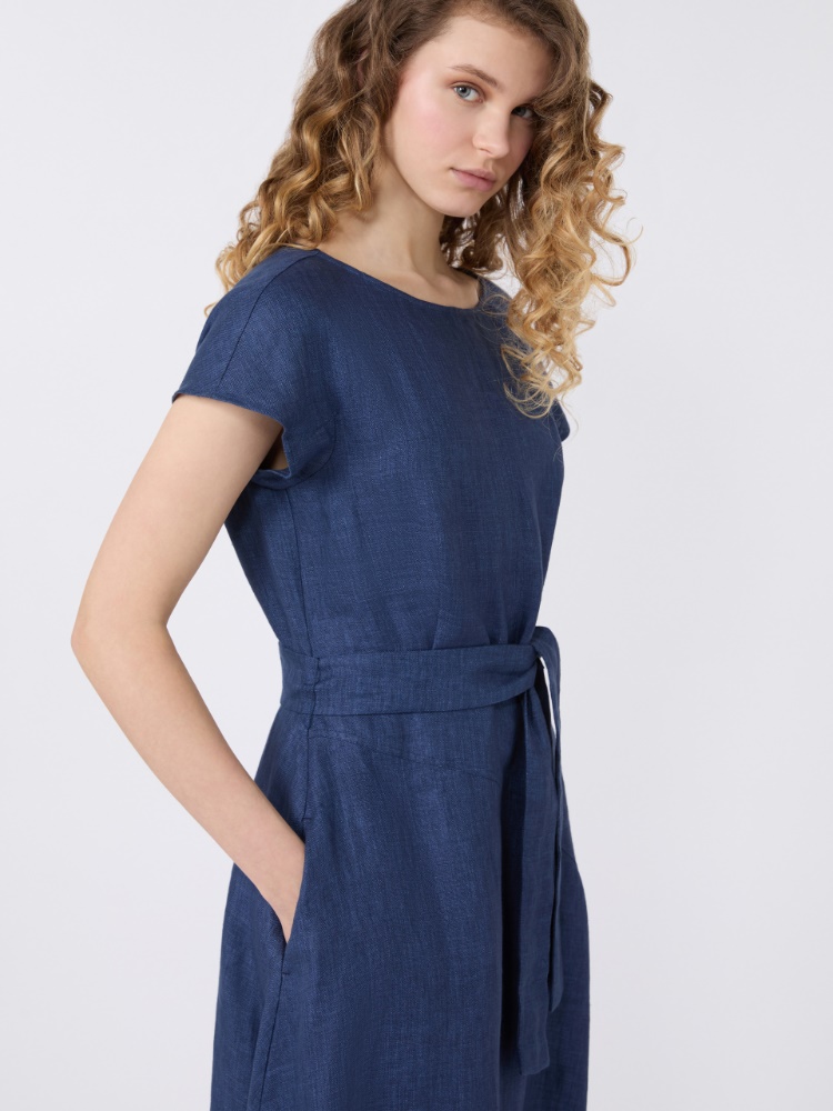 Robe midi en toile de lin - BLEU - 4