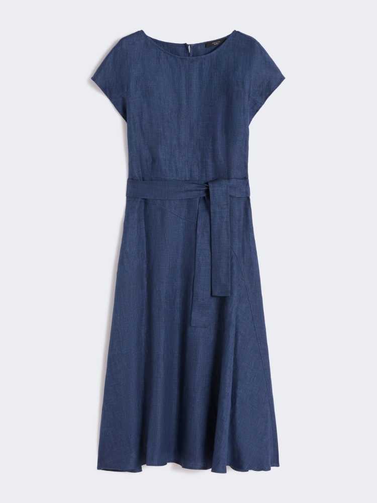 Robe midi en toile de lin - BLEU - 5