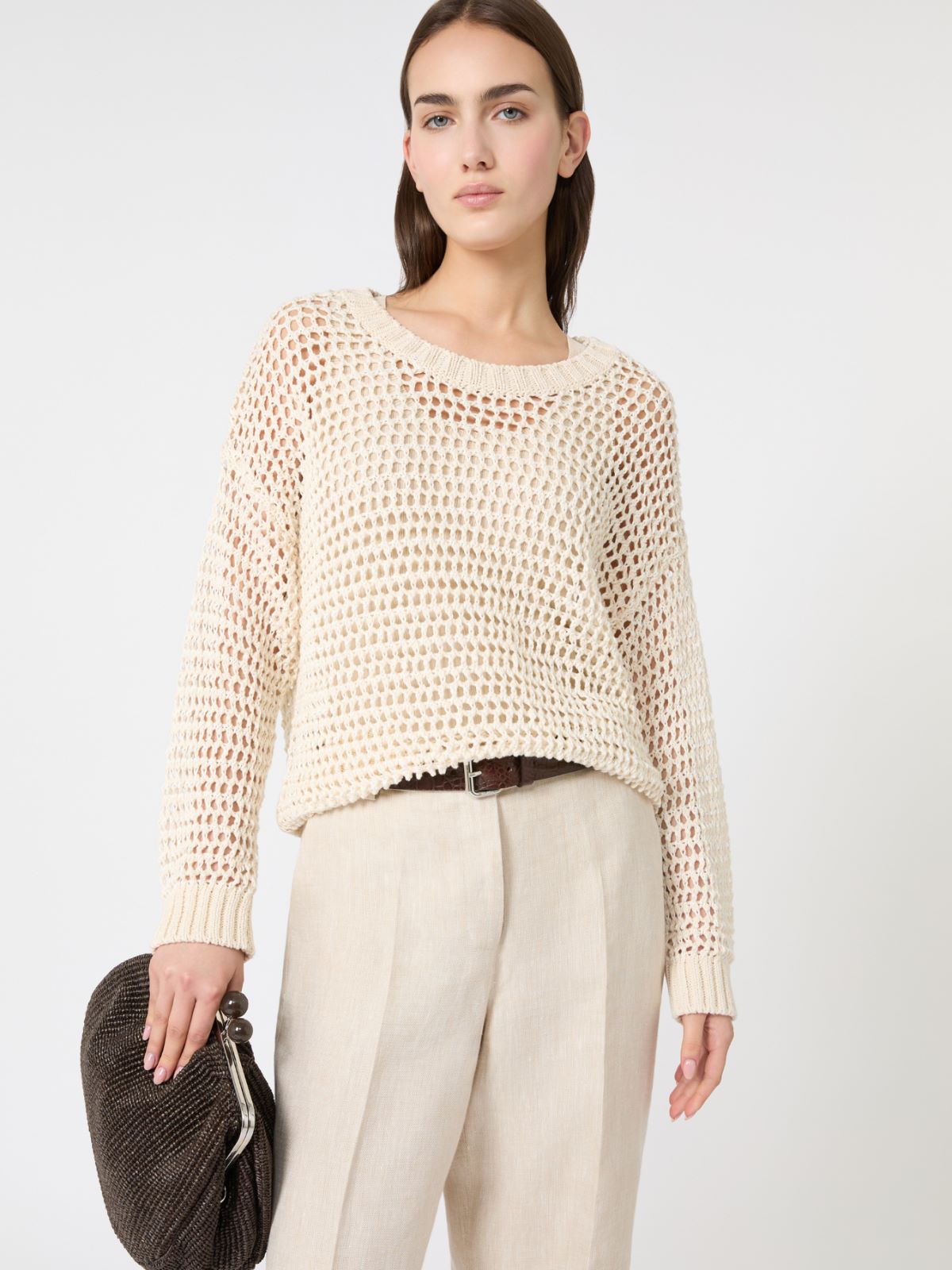 Ażurowy sweter z przędzy lniano-bawełnianej - ECRU - Max Mara - 4