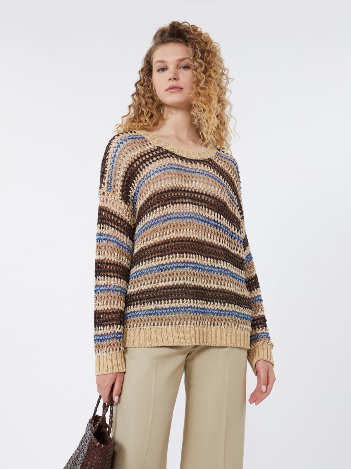 Linen and cotton yarn mesh jumper - BROWN - Max Mara - 4