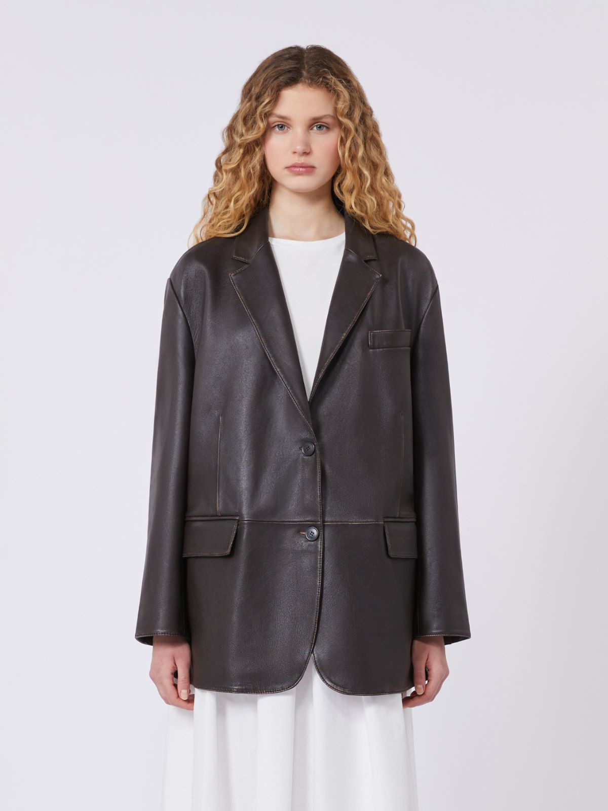 Oversized leather blazer - BROWN - Max Mara - 5