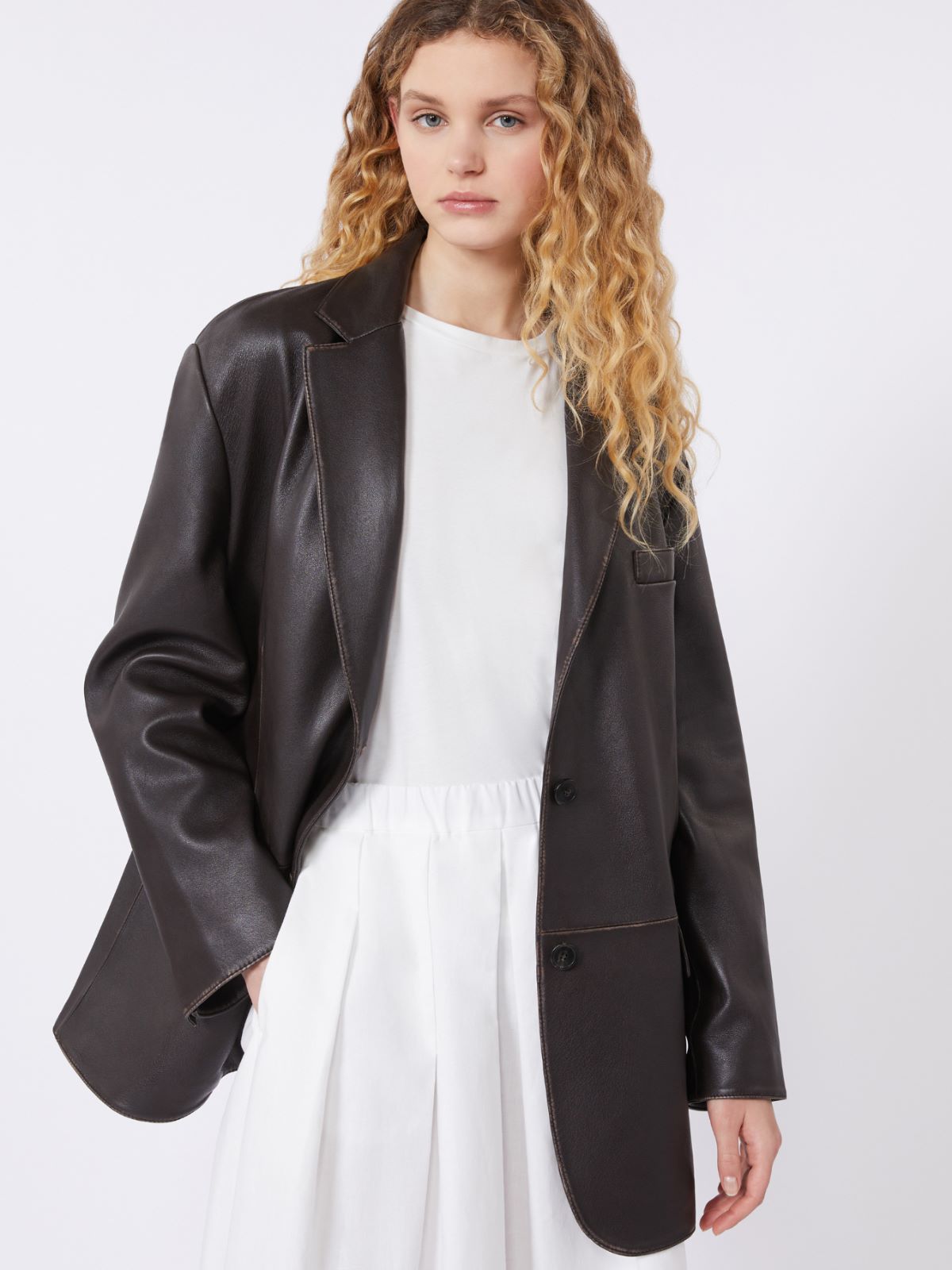 Oversized leather blazer - BROWN - Max Mara - 5