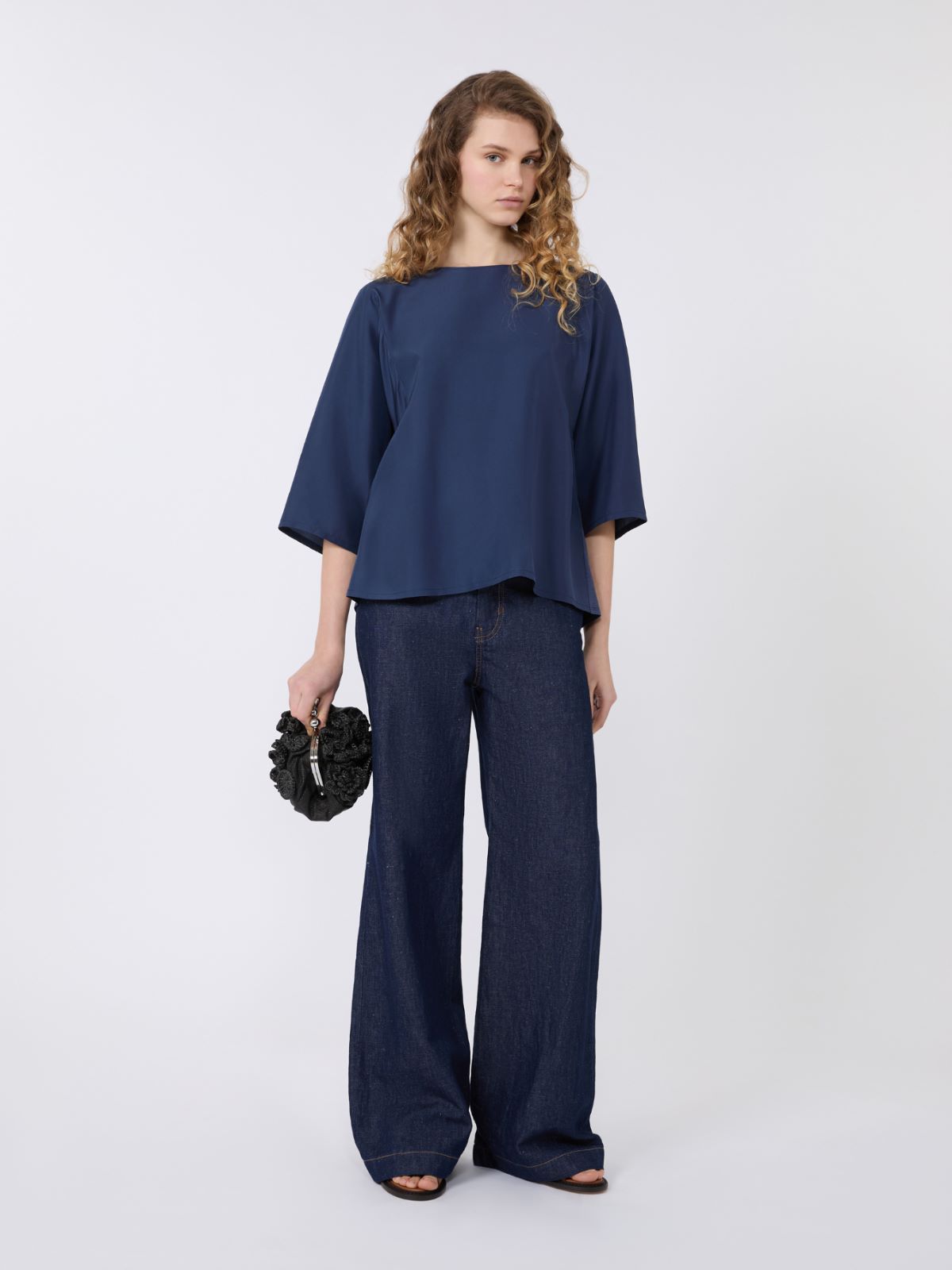Habotai silk and jersey blouse - NAVY