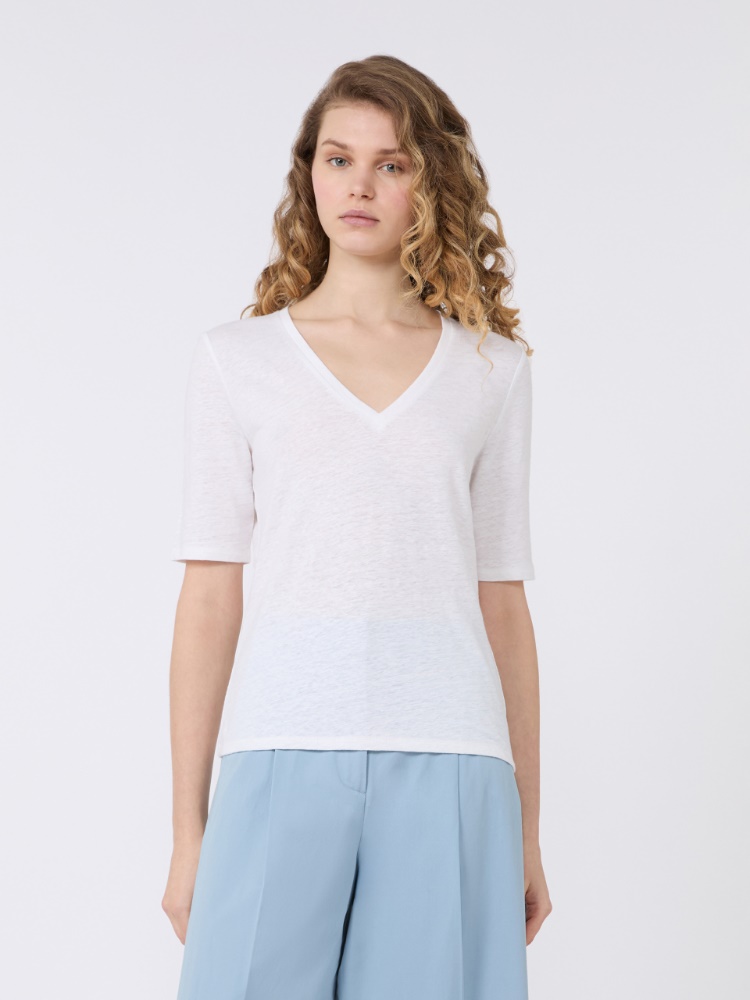 Stretch linen jersey V-neck T-shirt - WHITE - Max Mara - 2