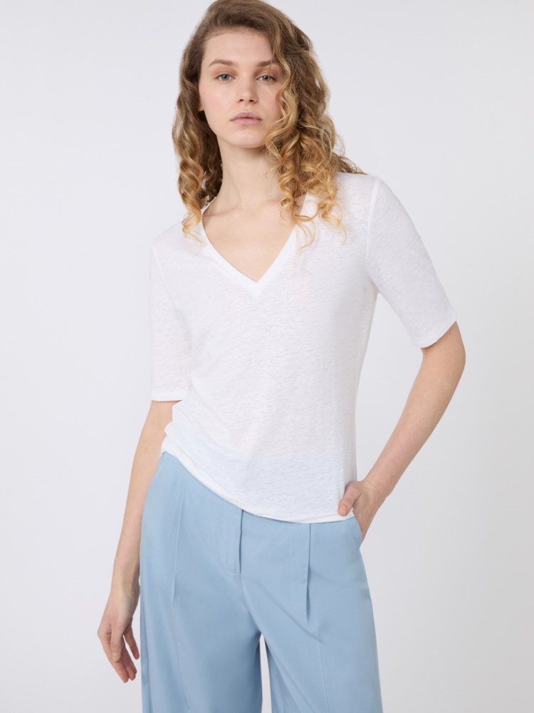 Stretch linen jersey V-neck T-shirt - WHITE - Max Mara - 4