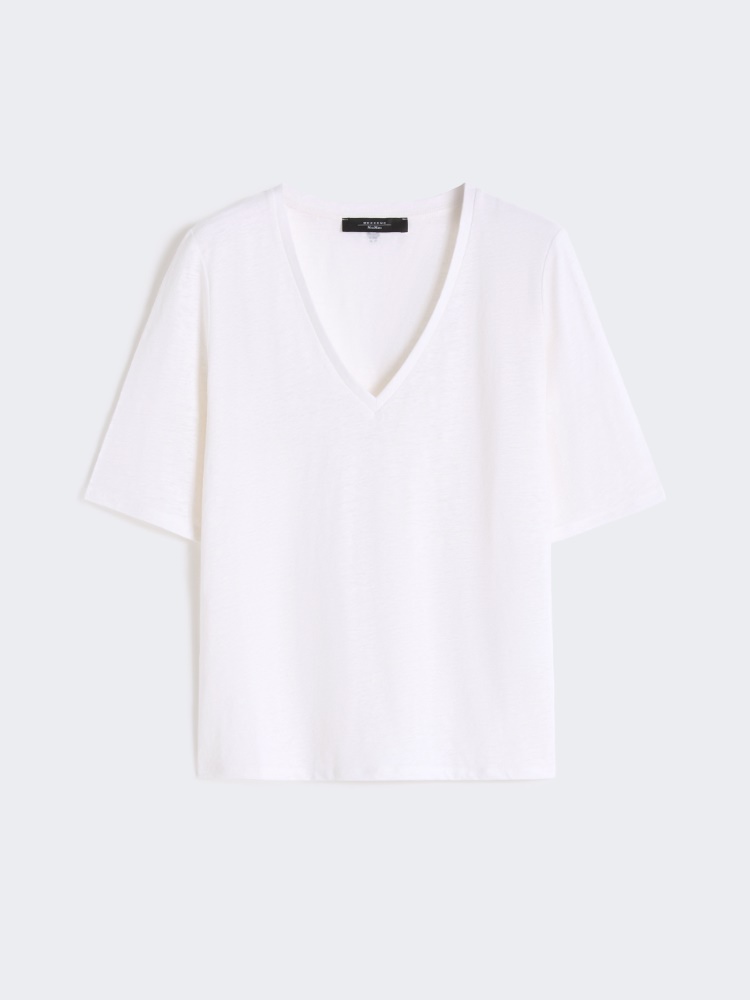 Stretch linen jersey V-neck T-shirt - WHITE - Max Mara