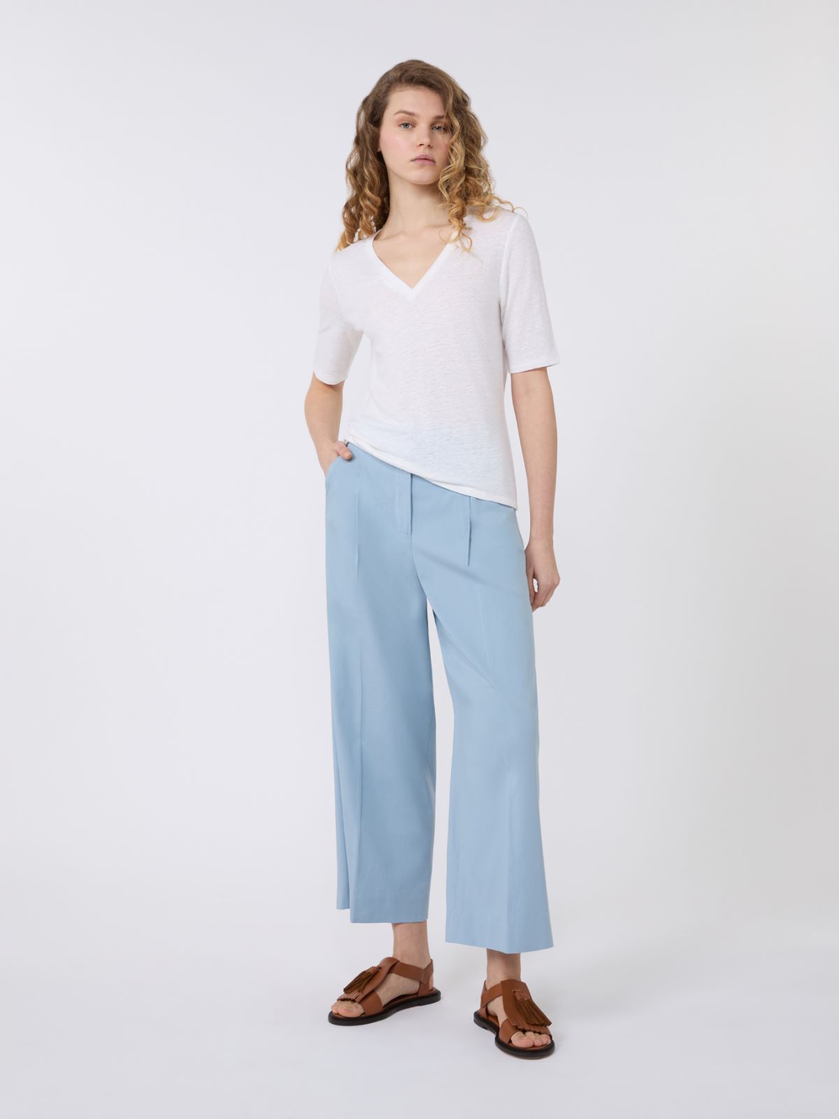 Stretch linen jersey V-neck T-shirt - WHITE - Max Mara