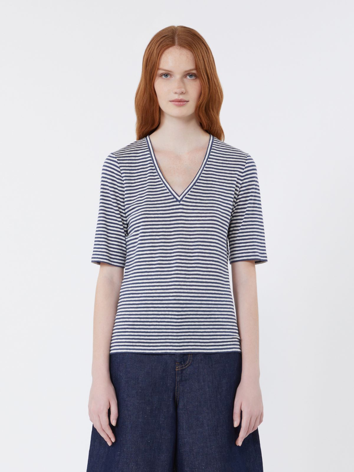 T-shirt a V in jersey di lino stretch - BLU MARINO - Max Mara - 2