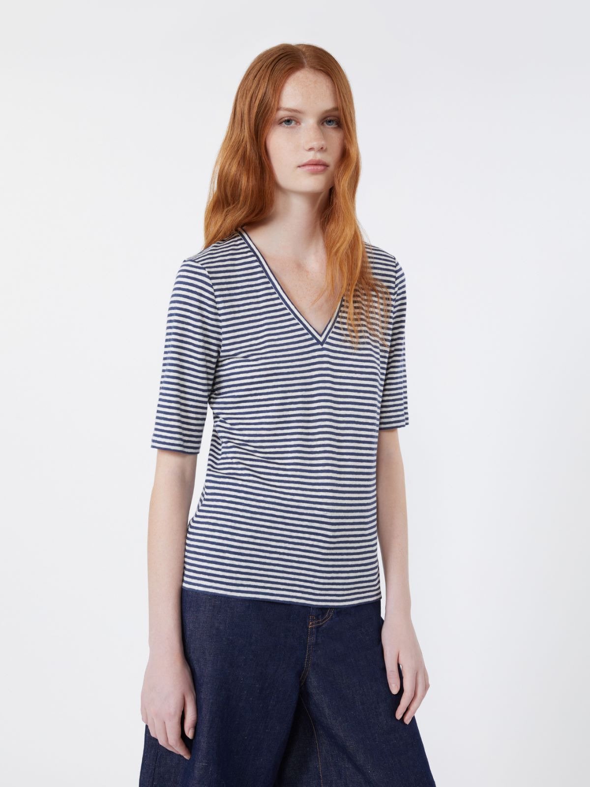 T-shirt a V in jersey di lino stretch - BLU MARINO - Max Mara - 4