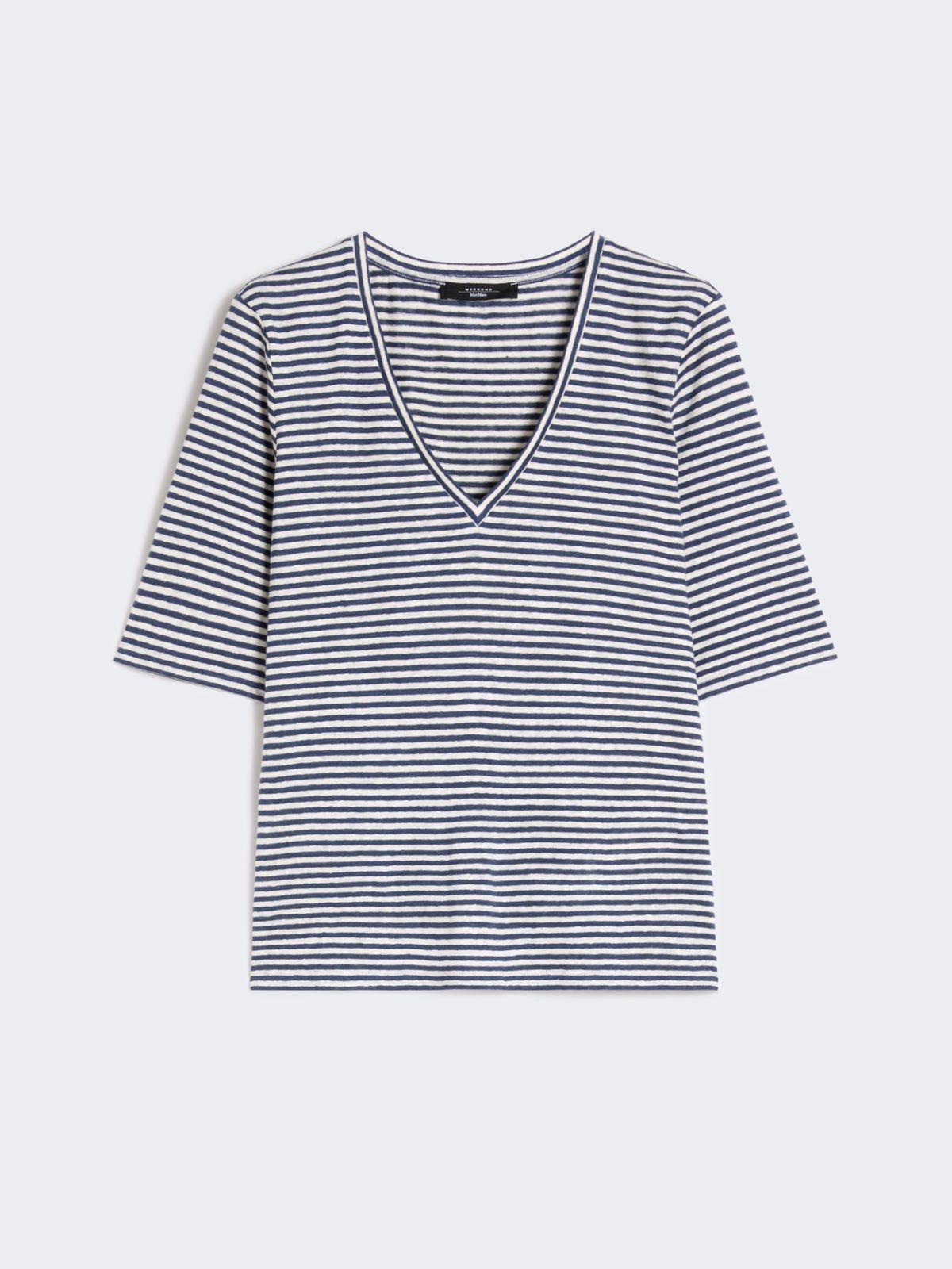T-shirt a V in jersey di lino stretch - BLU MARINO - Max Mara - 5