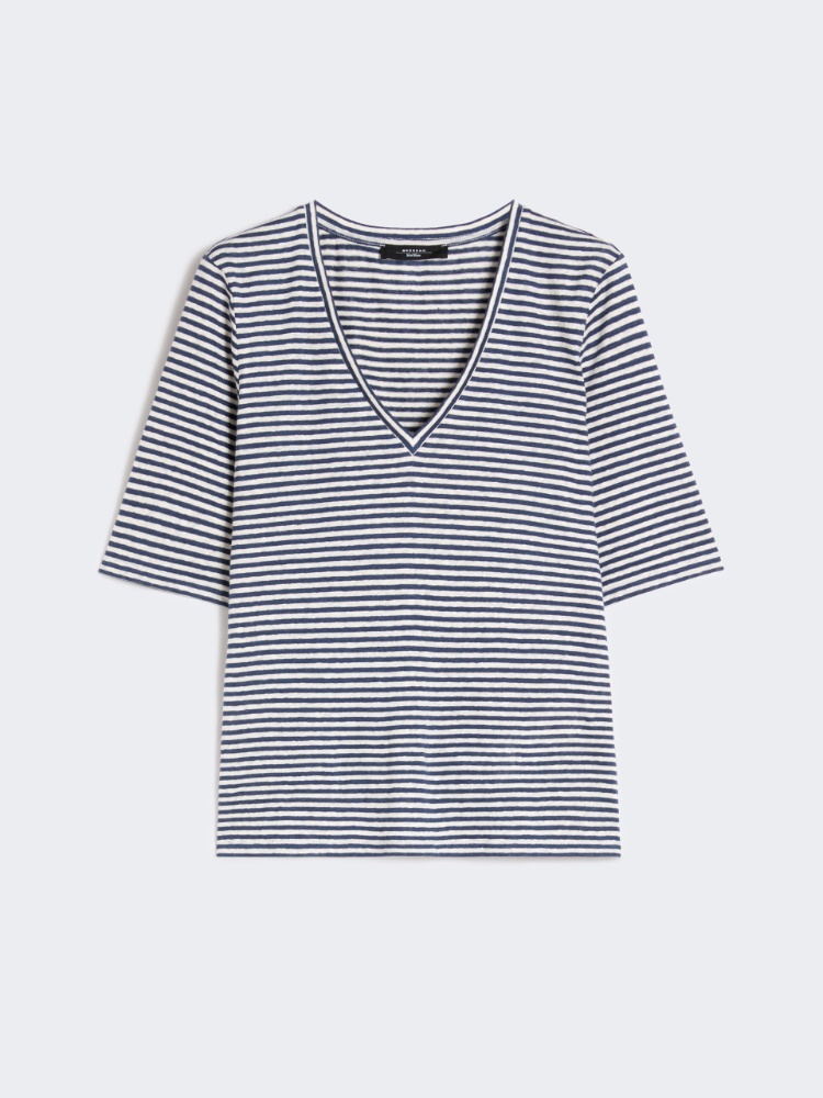 T-shirt a V in jersey di lino stretch - BLU MARINO - Max Mara