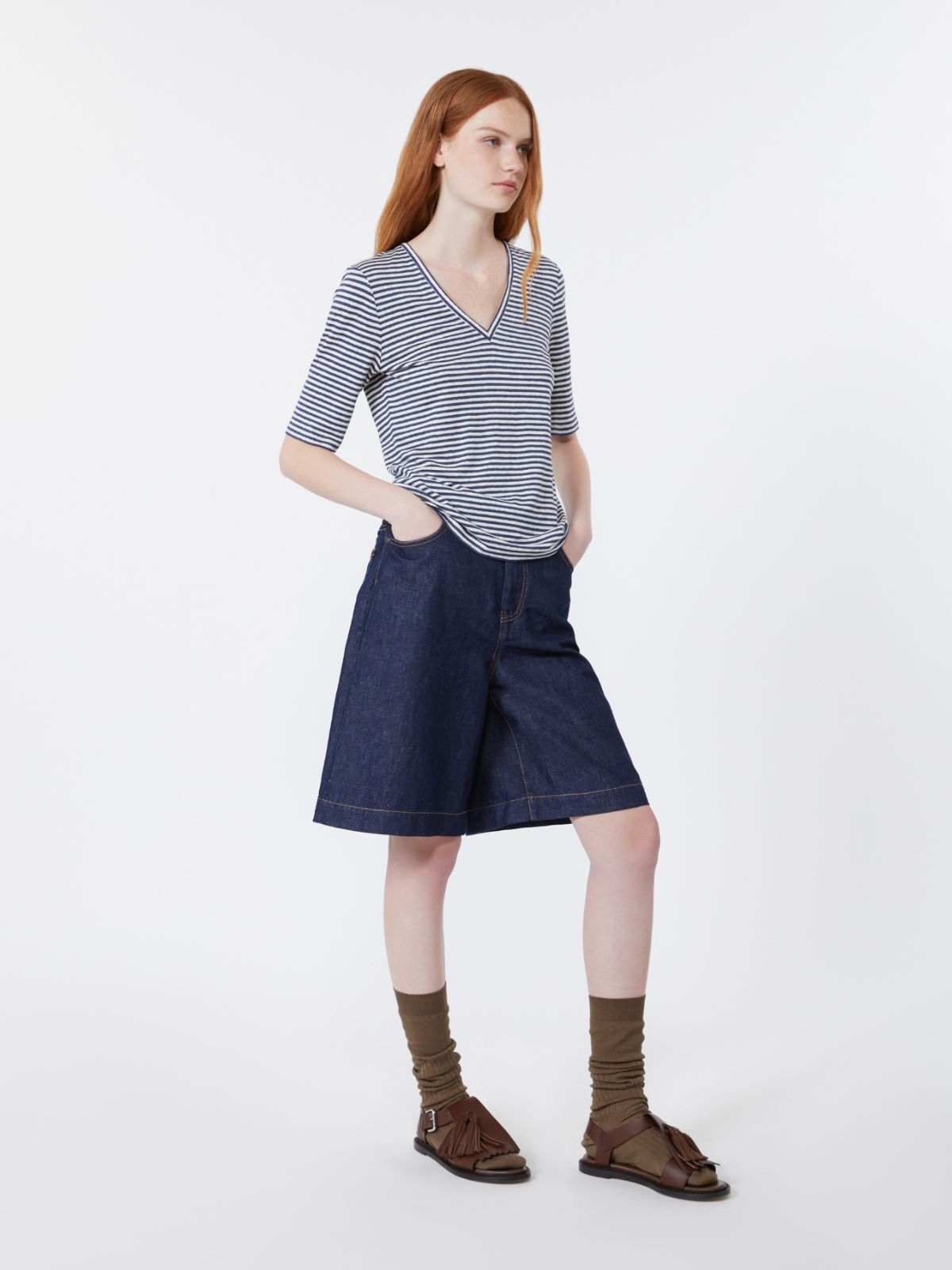 T-shirt a V in jersey di lino stretch - BLU MARINO - Max Mara