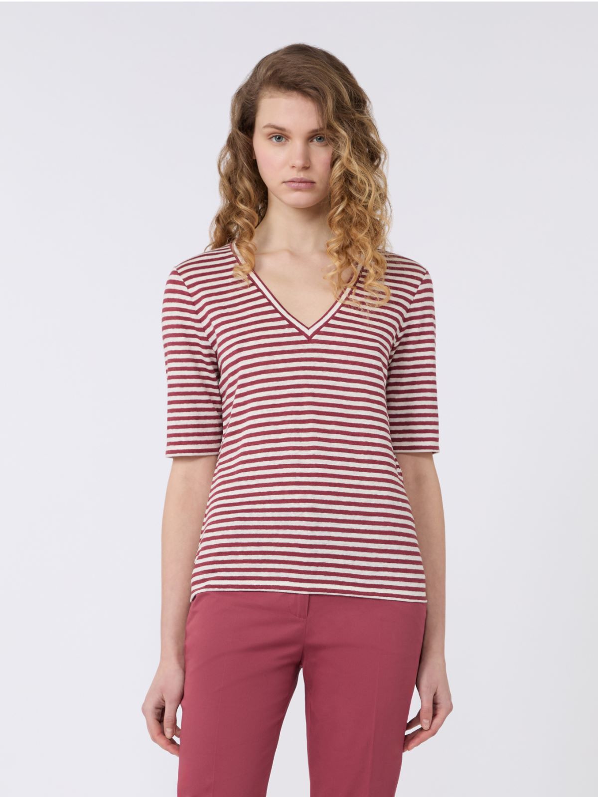 Stretch linen jersey V-neck T-shirt - CHERRY - Max Mara - 2