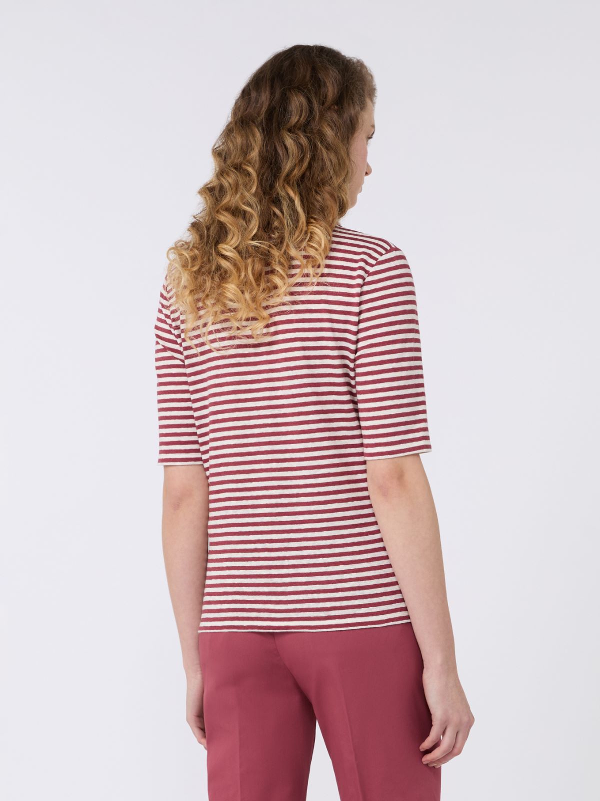 Stretch linen jersey V-neck T-shirt - CHERRY - Max Mara - 3