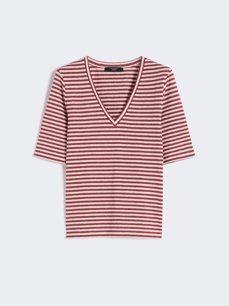 Stretch linen jersey V-neck T-shirt - CHERRY - Max Mara - 5