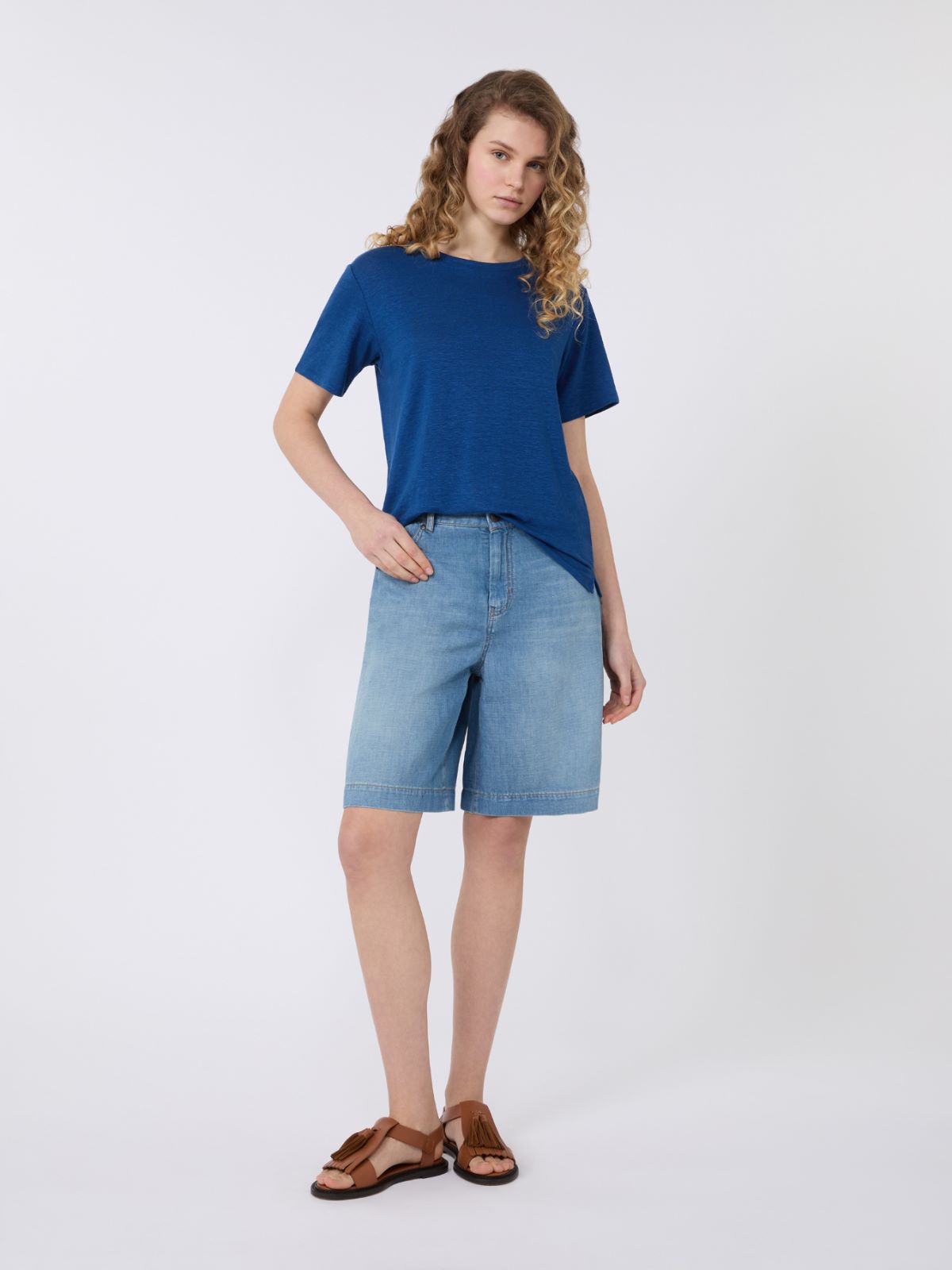 Stretch linen jersey basic T-shirt - OCEAN
