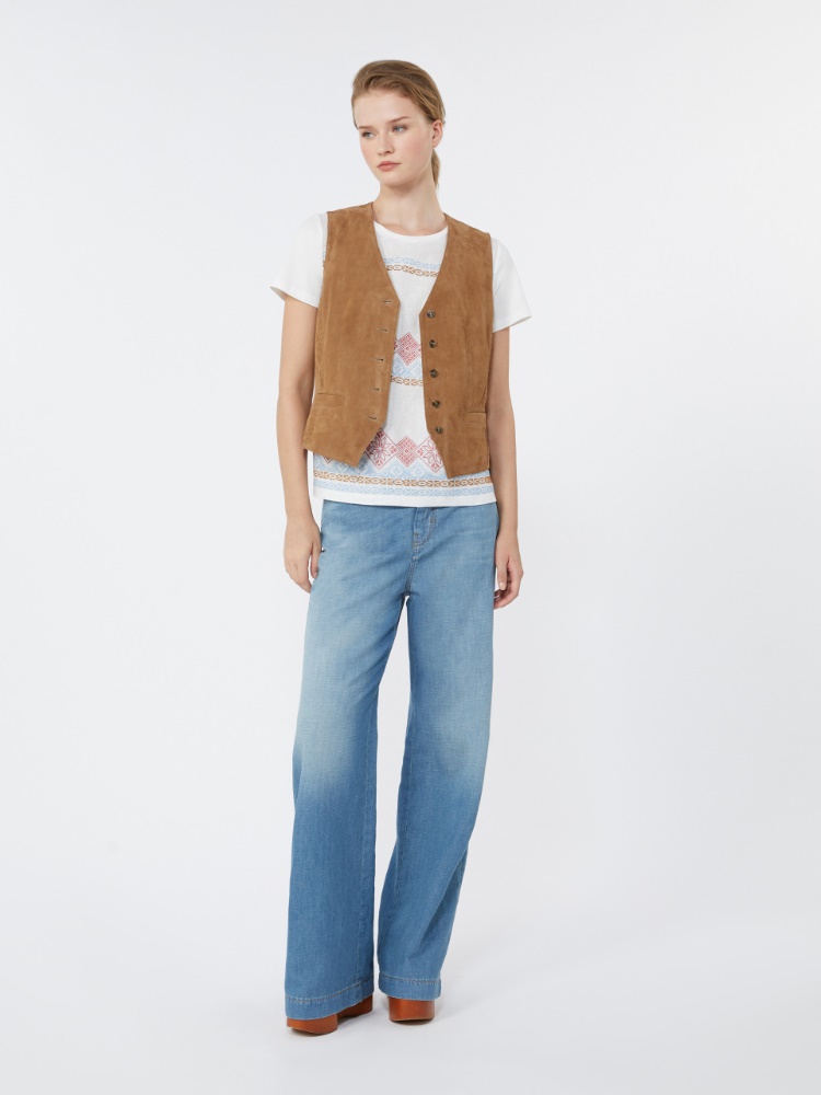 Besticktes T-Shirt aus Leinen und Stretch-Baumwolljersey - WEISS - Max Mara