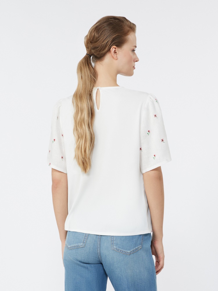 Linen canvas and stretch jersey top - WHITE - 3