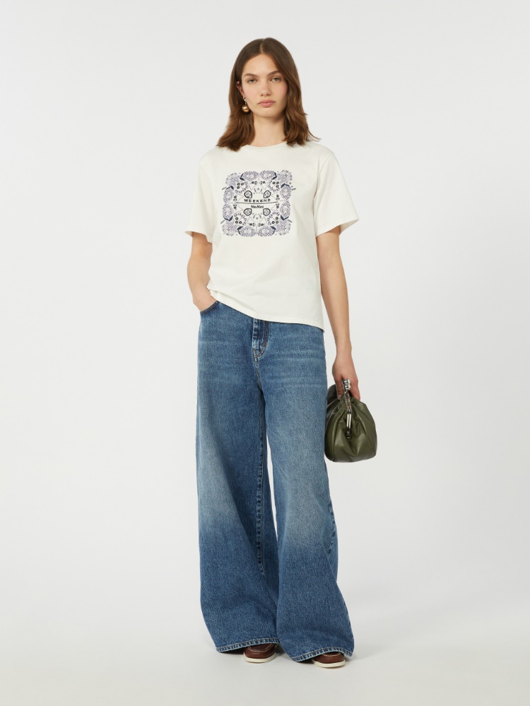 Print and embroidery-adorned cotton T-shirt - WHITE - Max Mara