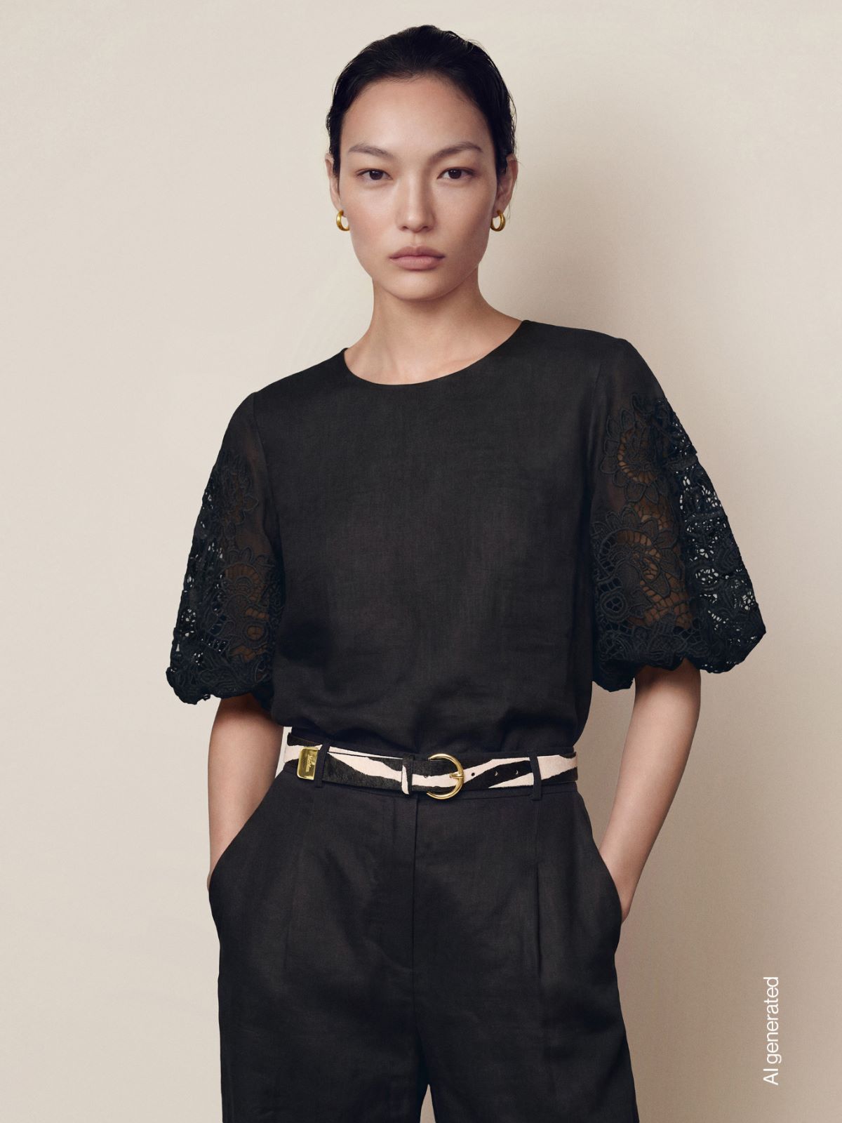 Ramie gauze and broderie anglaise T-shirt - BLACK