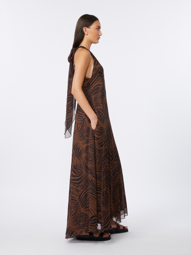Printed silk chiffon dress - BROWN - 1