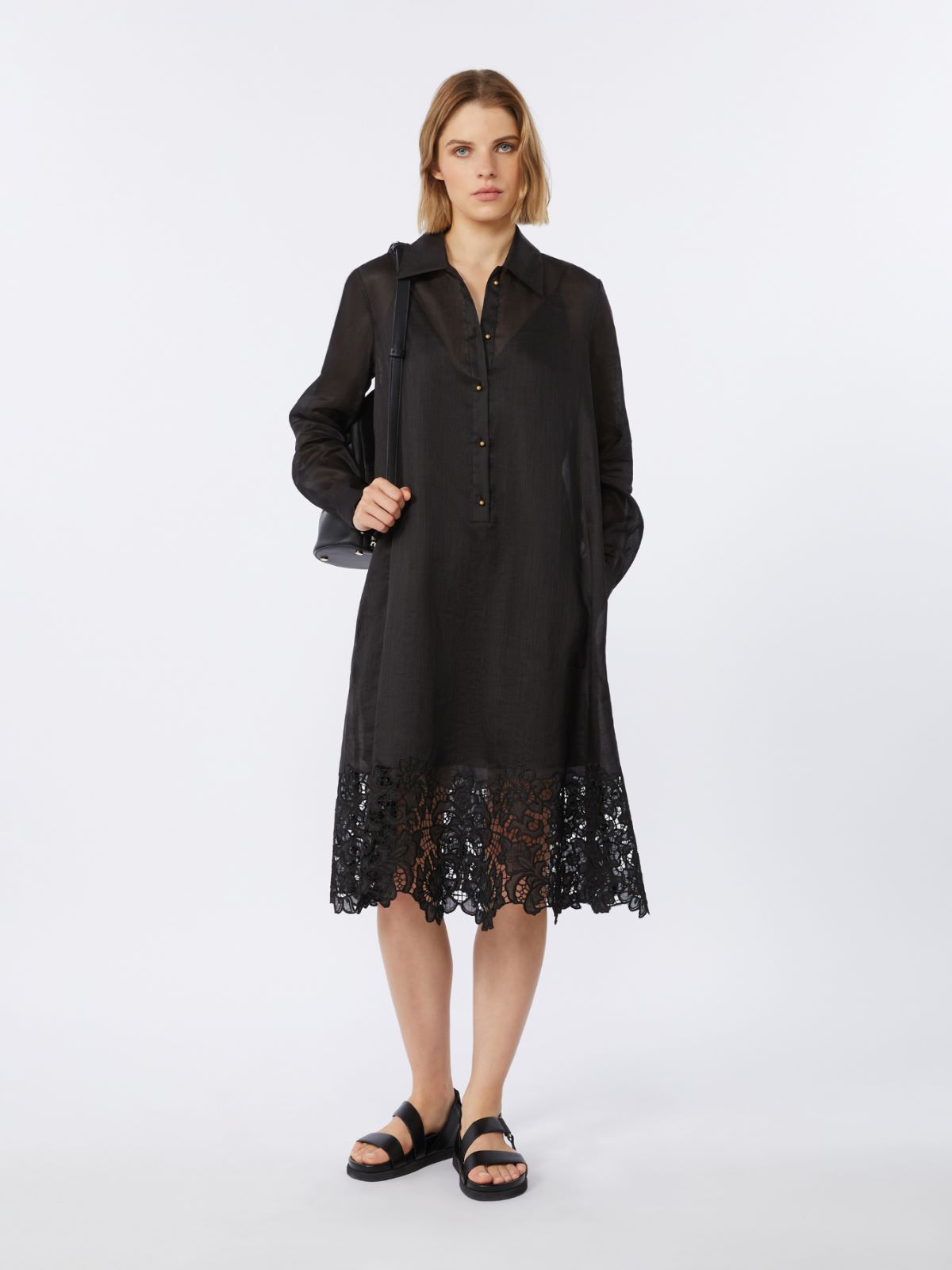 Embroidered ramie gauze shirt dress - BLACK - Max Mara