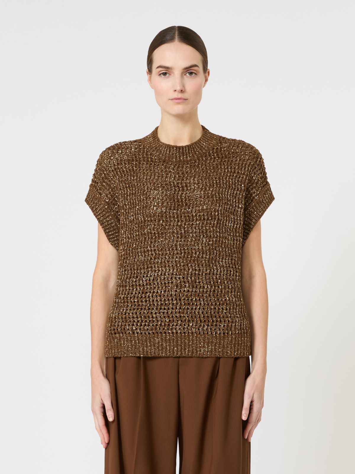 Sequin-adorned mesh-knit cotton sweater - HAZELNUT BROWN - Max Mara - 5
