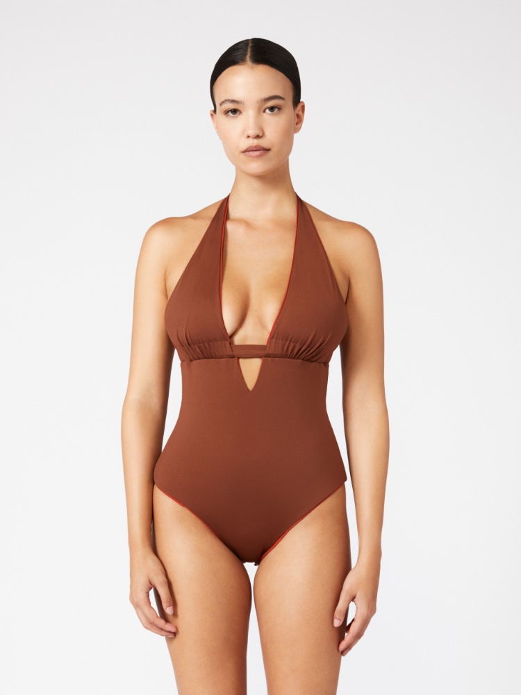 Reversible nylon V-neck swimsuit - CHOCOLATE - 2