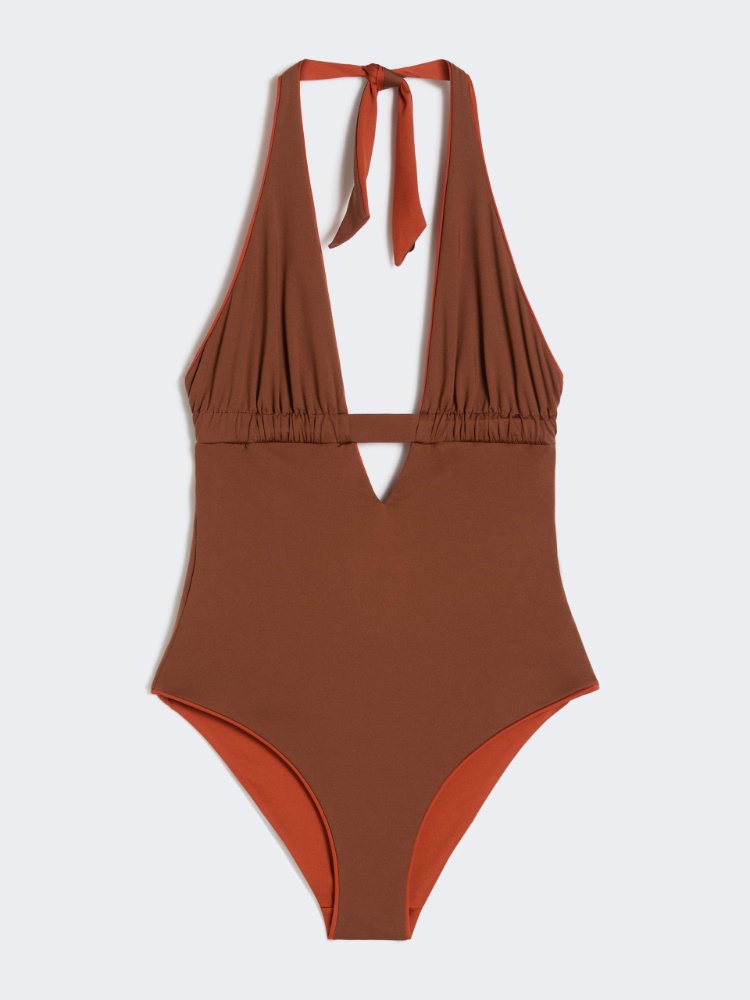 Reversible nylon V-neck swimsuit - CHOCOLATE - 5