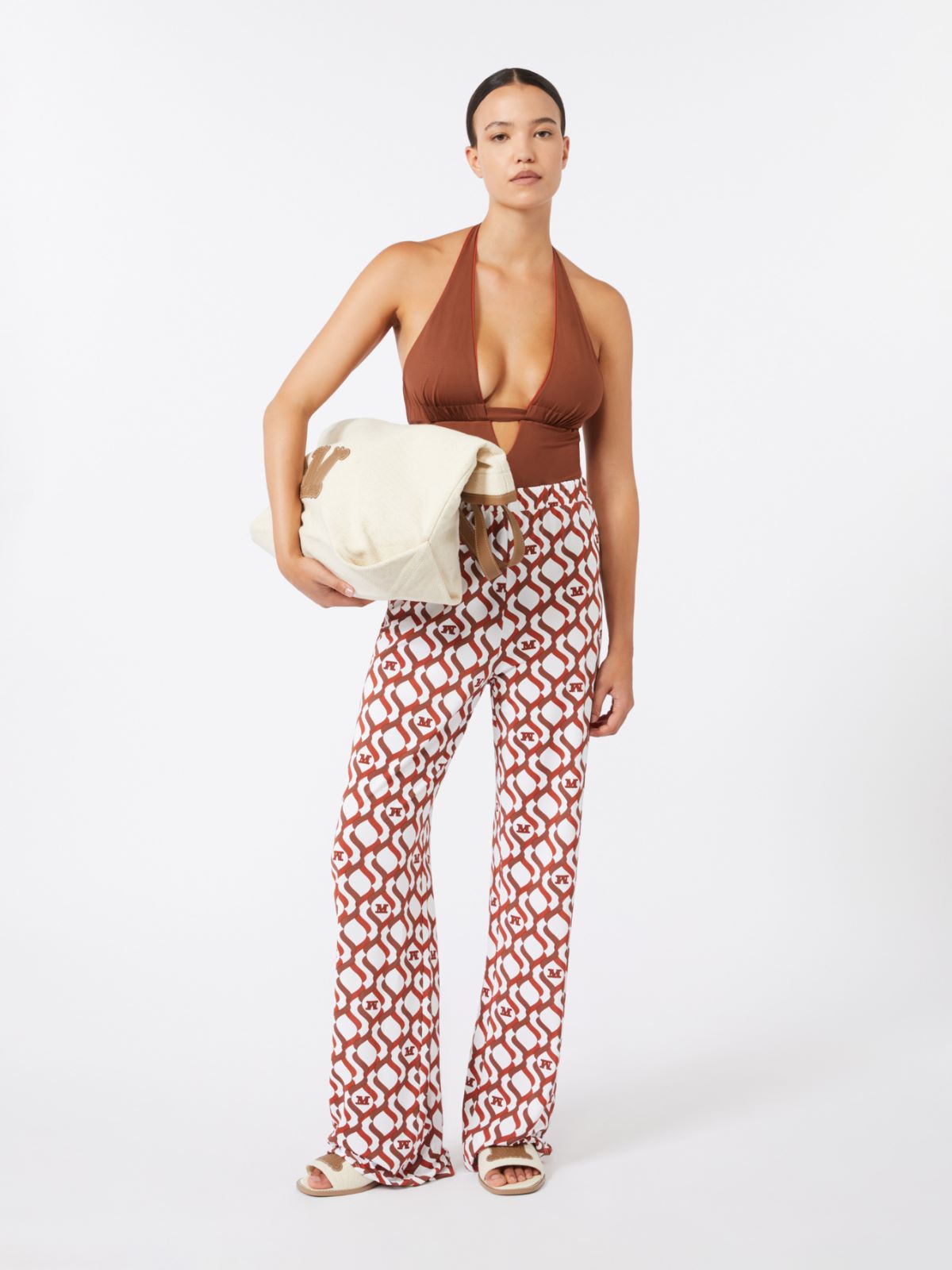 Reversible nylon V-neck swimsuit - CHOCOLATE