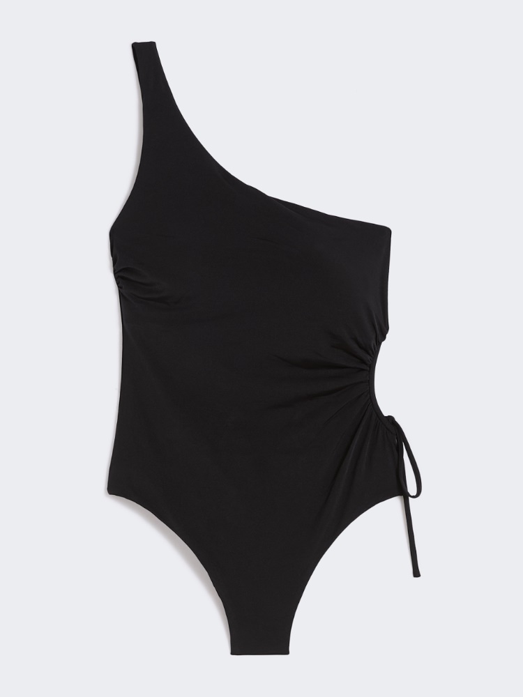 Shiny jersey one-shoulder swimsuit - BLACK