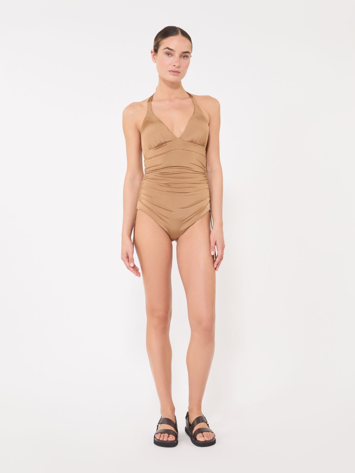 Gathered jersey swimsuit - CAMEL
