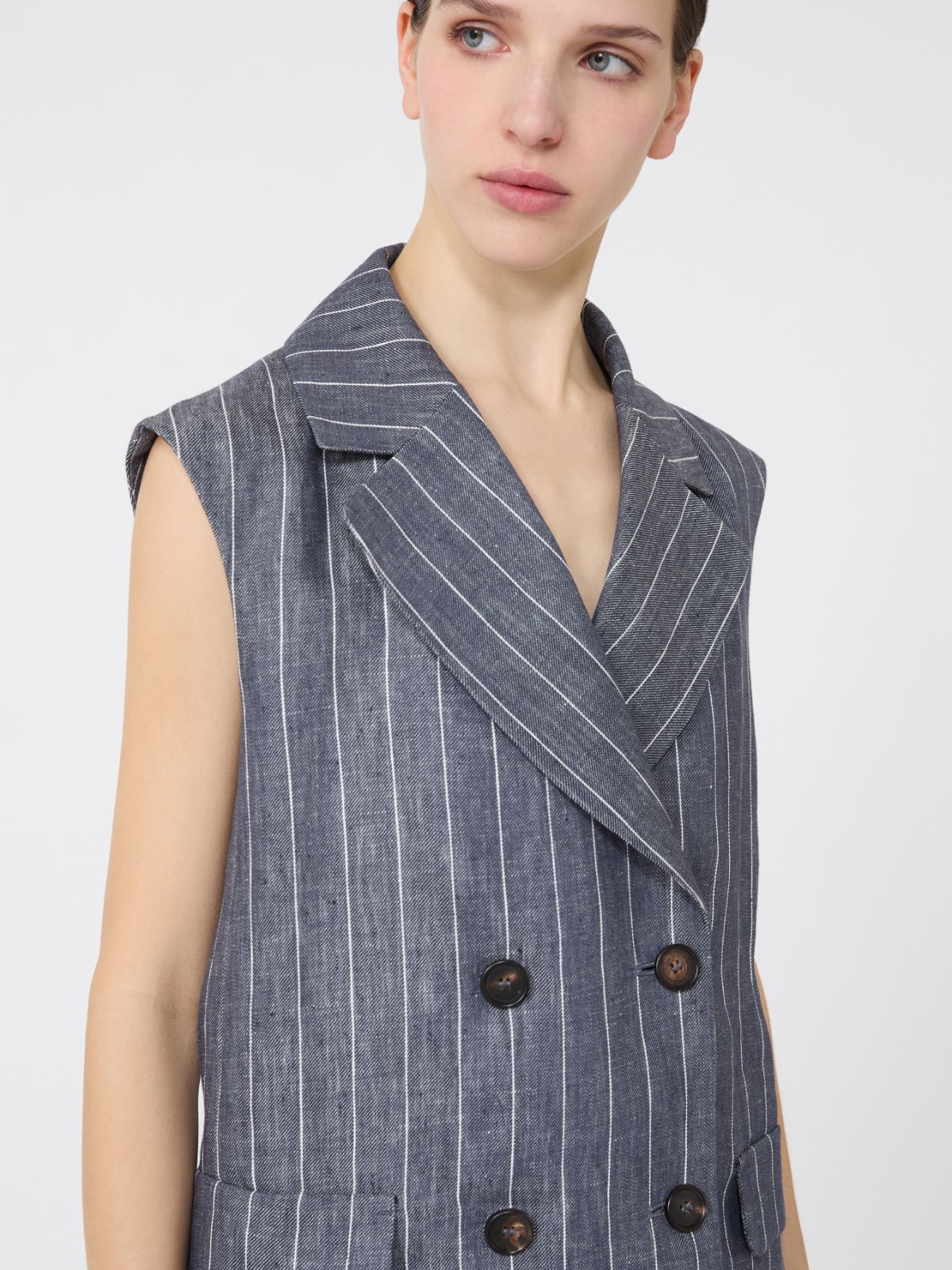 Pinstriped linen Batavia gilet with a denim effect - ULTRAMARINE - 4