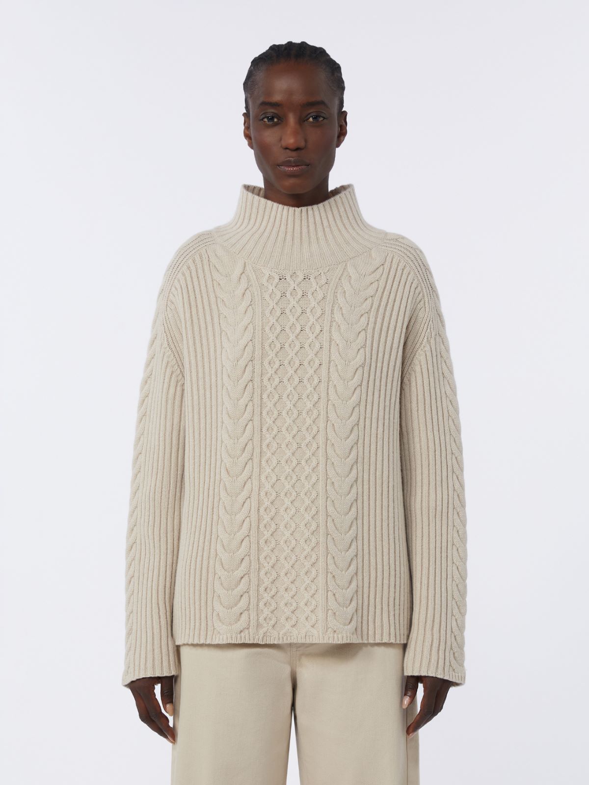Cable-knit wool and cashmere polo-neck sweater - WHITE - Max Mara - 4