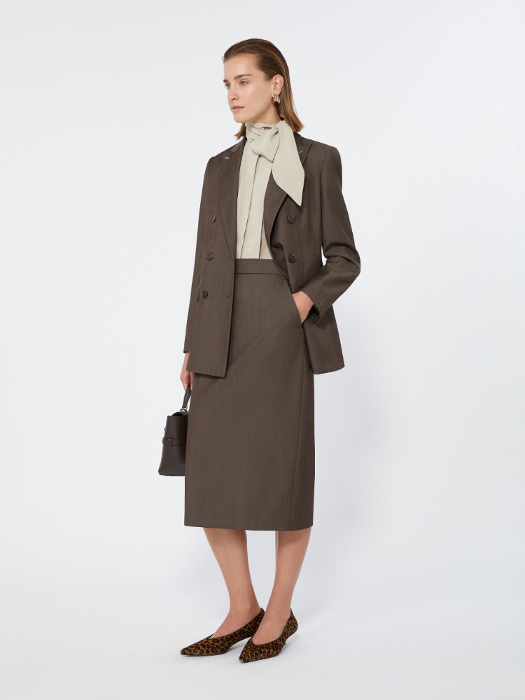 Double-breasted wool gabardine blazer - TOBACCO
