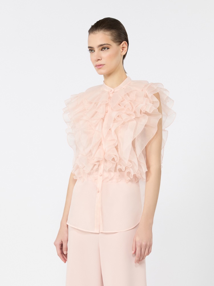 Sleeveless ruched silk shirt - POWDER - 2