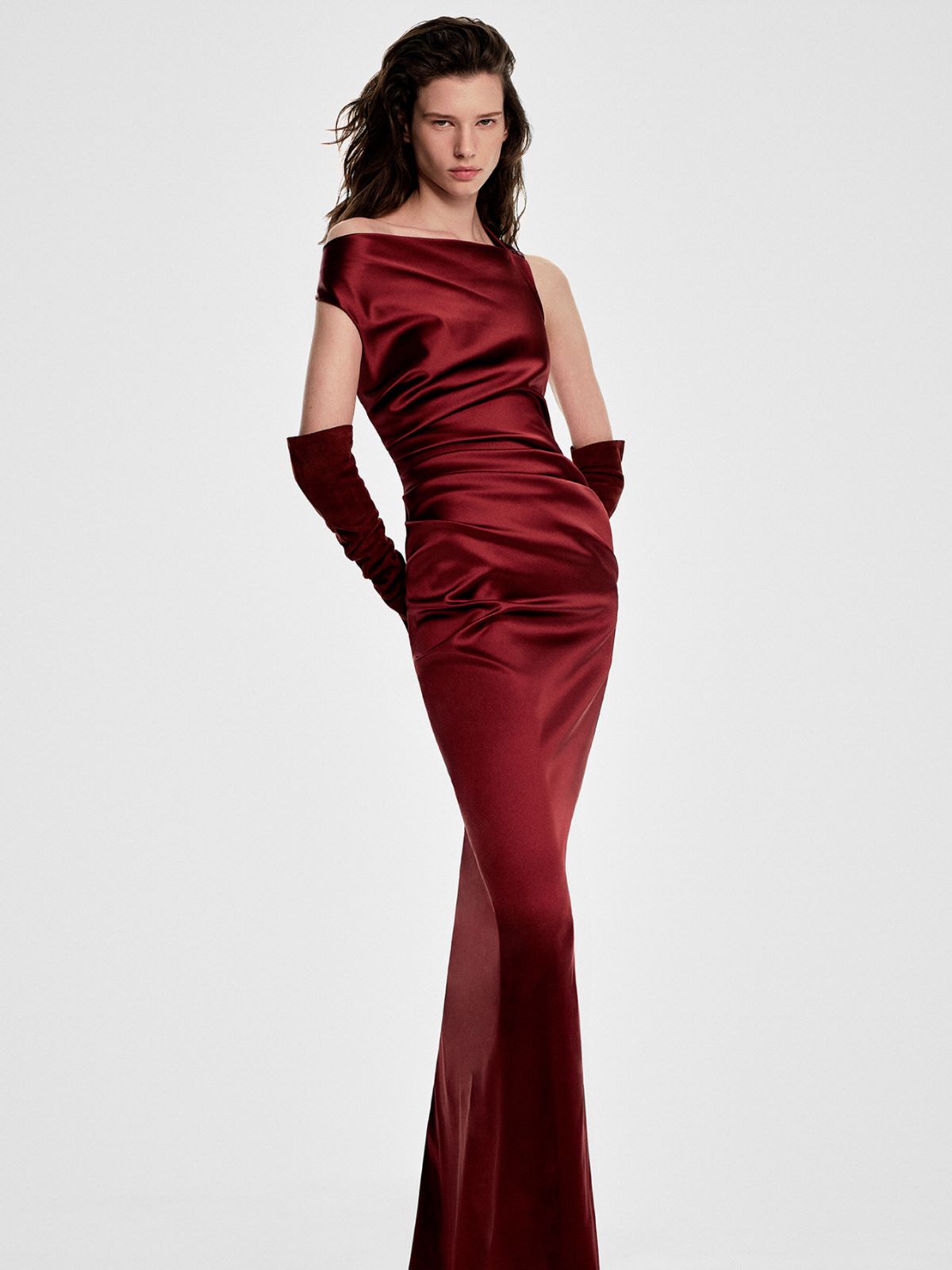Long stretch satin dress - ANTIQUE ROSE