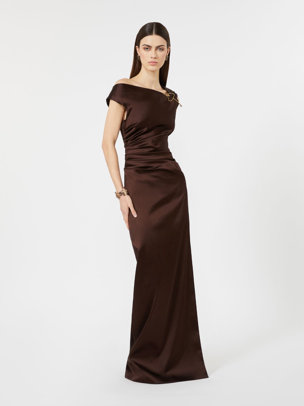 Long stretch satin dress - DARK BROWN