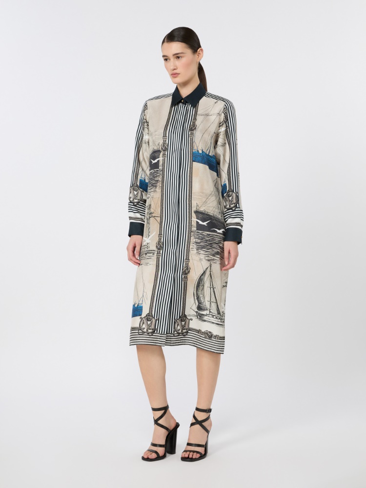 Printed silk shirt dress - STONE - 2