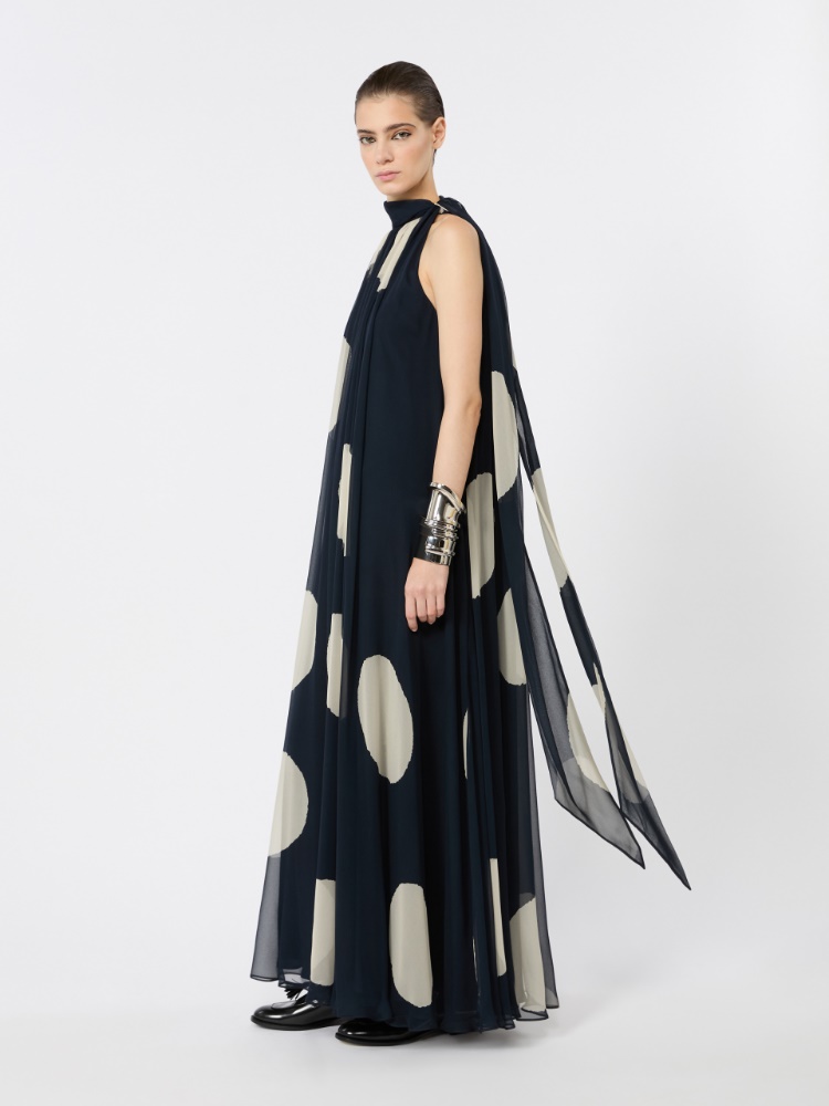 Polka dot-patterned long silk dress - MIDNIGHTBLUE - 1