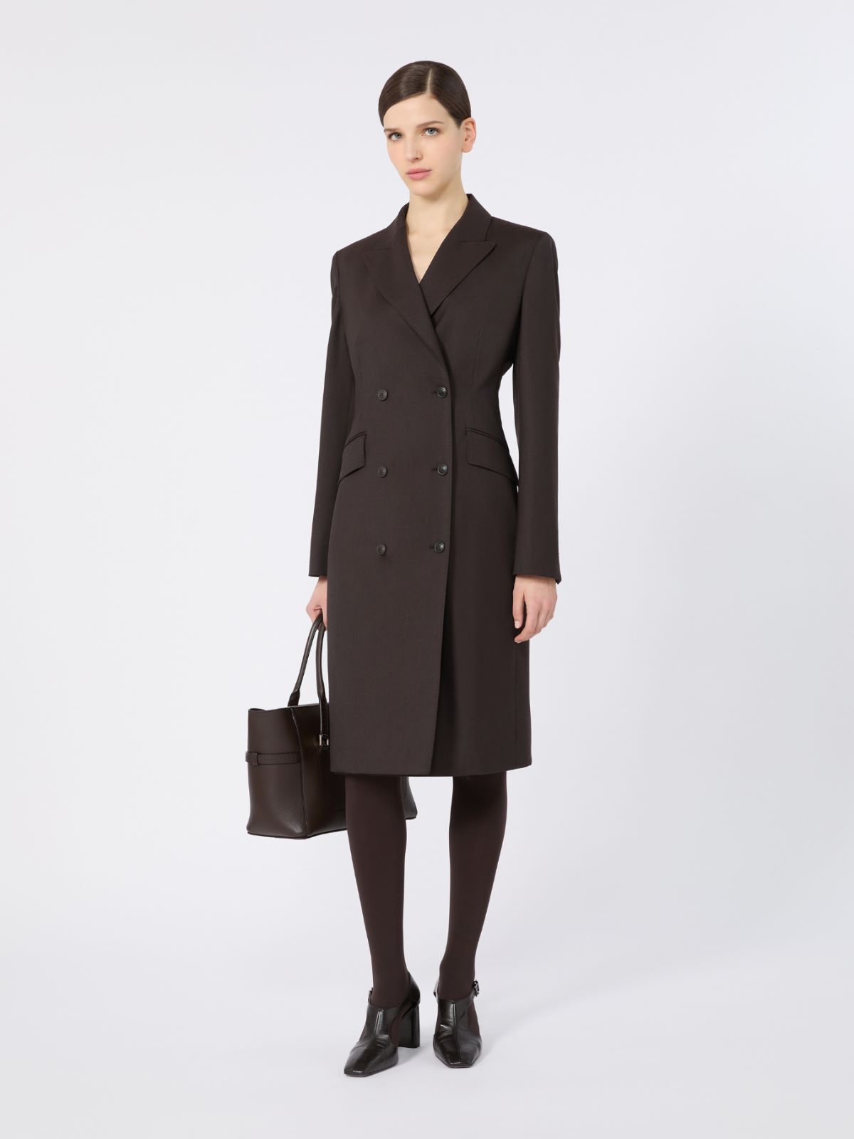 Mottled woollen cloth coat dress - BRUN FONCE