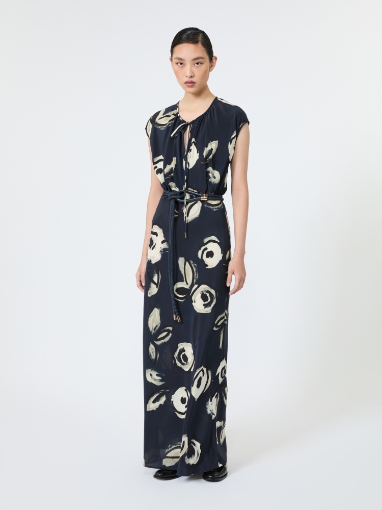 Long printed crepe de chine dress - ULTRAMARINE