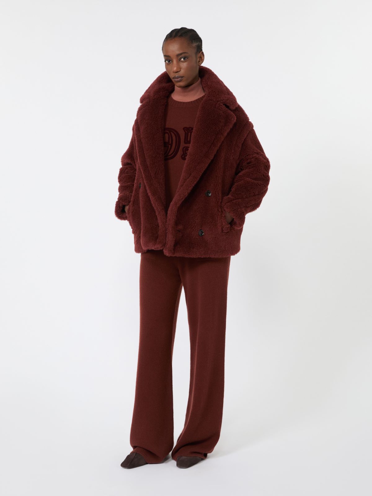 Wide cashmere yarn trousers - RUST