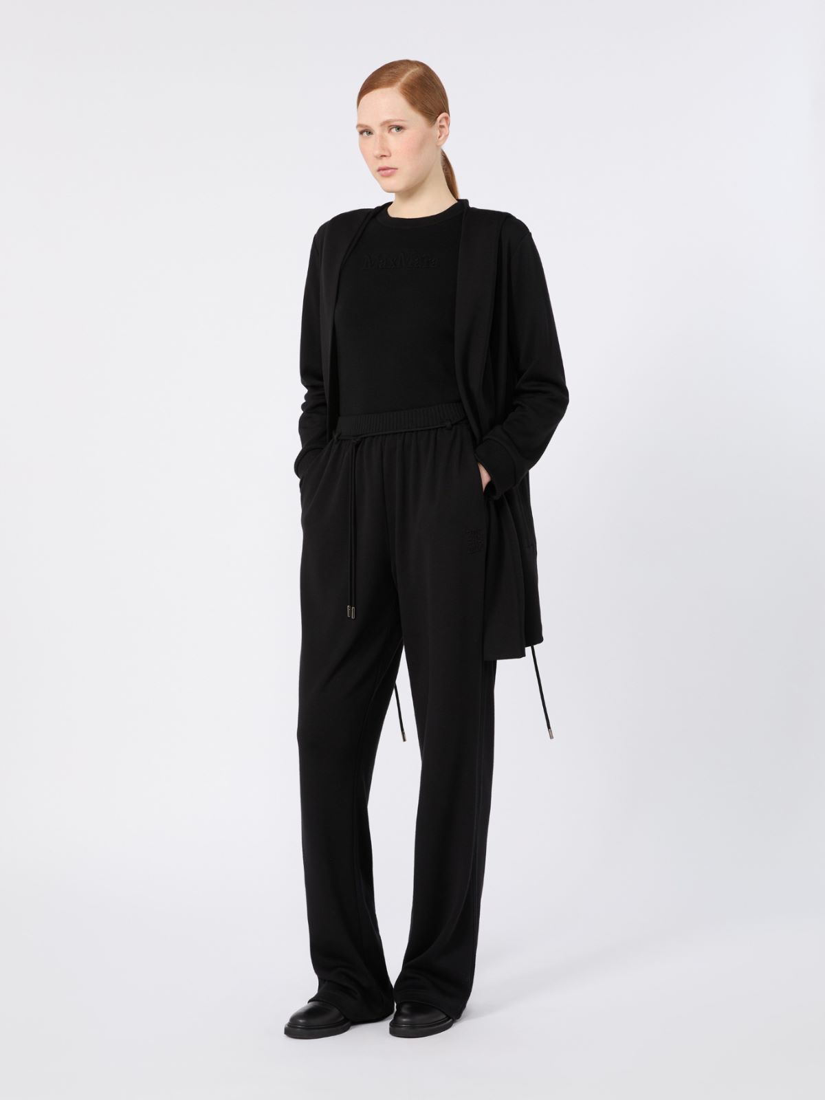 Wool yarn sweater with embossed logo detail - BLACK
