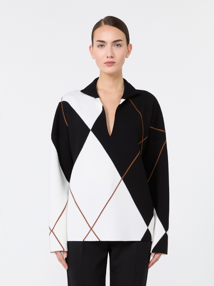 Relaxed-cut Argyle wool yarn sweater - WHITE BLACK - Max Mara - 2