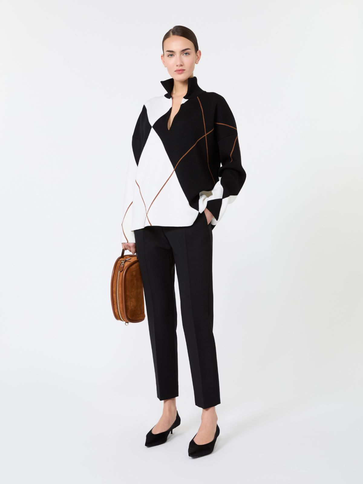 Relaxed-cut Argyle wool yarn sweater + WHITE BLACK - Max Mara