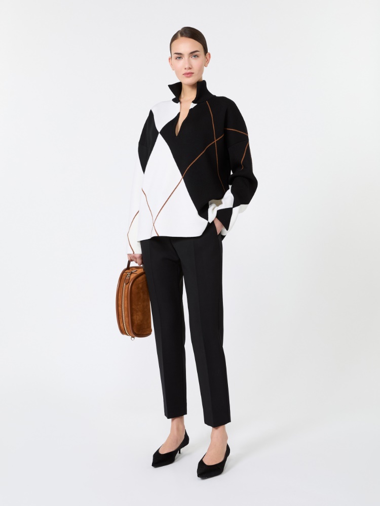 Relaxed-cut Argyle wool yarn sweater - WHITE BLACK