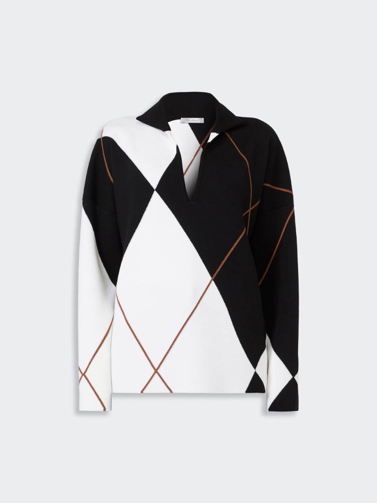 Relaxed-cut Argyle wool yarn sweater - WHITE BLACK