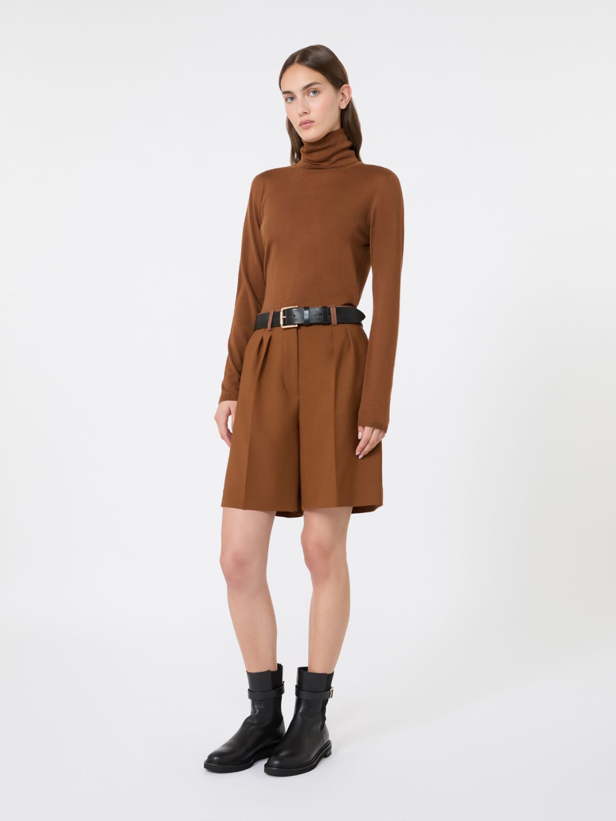 Wool yarn polo-neck sweater - TOBACCO